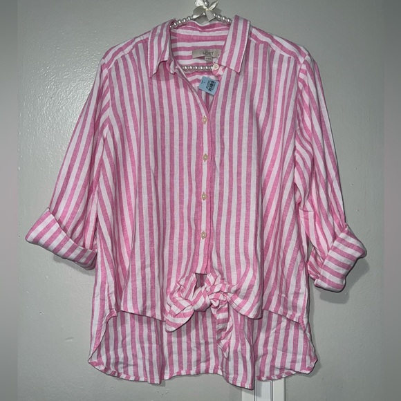 LOFT Striped Linen Blend Tie Front Everyday Shirt - Large - Picture 5 of 6